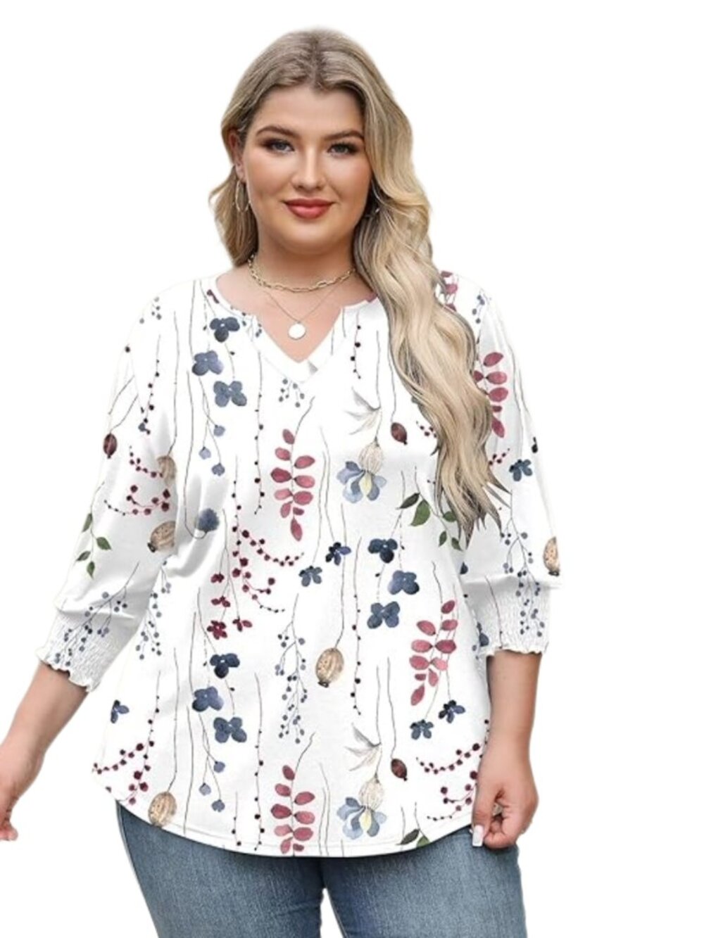 Women's Plus Size Tops 3/4 Sleeve Blouses V-Neck Shirt, WHITE FLORAL, Size XL